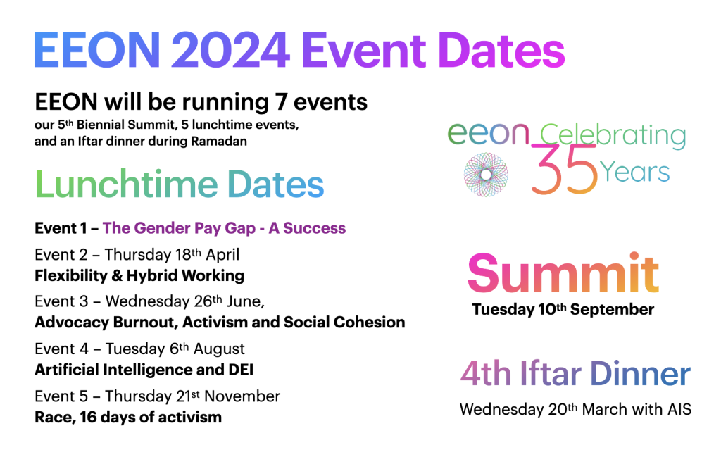 EEON 2024 Event Dates EEON will be running 7 events our 5th Biennial Summit, 5 lunchtime events, and an Iftar dinner during Ramadan Summit Tuesday 10th September Lunchtime Dates Event 1 – The Gender Pay Gap - A Success Event 2 – Thursday 18th April Flexibility & Hybrid Working Event 3 – Wednesday 26th June, Advocacy Burnout, Activism and Social Cohesion Event 4 – Tuesday 6th August Artificial Intelligence and DEI Event 5 – Thursday 21st November Race, 16 days of activism