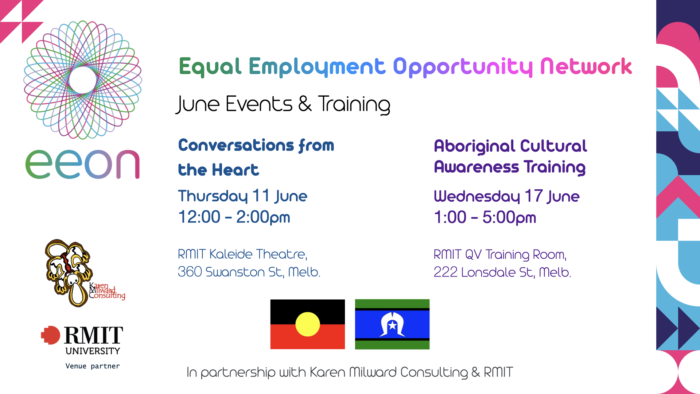 EEON June 2026 Events banner. Follow links below image to Conversations from the Heart Thursday 11 June 12:00 - 2:00pm and Aboriginal Cultural Awareness Training Wednesday 17 June 1:00 - 5:00pm